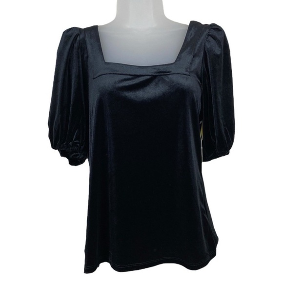 NEW CECE Black Short Puff Sleeve Velour Blouse Top Square Neck - Picture 5 of 6